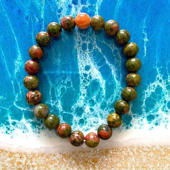 Handmade crystal bracelet // unakite & red web Jasper // 7” average wrist size - Picture 2 of 2